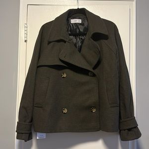 Mango Double-Breasted Peacoat Olive Green